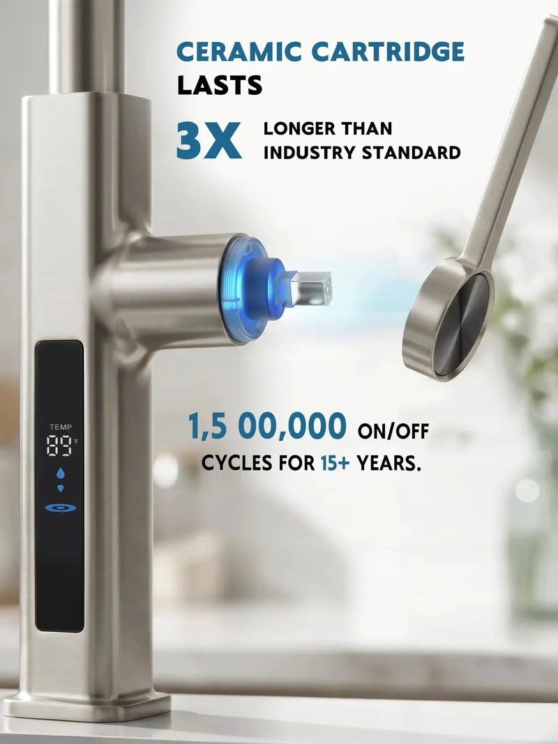 Zero Mess Touchless Kitchen Faucet Featuring Reliable Hand Wave Motion Sensor And Six Versatile Flow Modes Alongside Slick Pull Out Spray Head Plus Easy DIY Hookup And Battery Free Temp Indicator In Classic Brushed Nickel