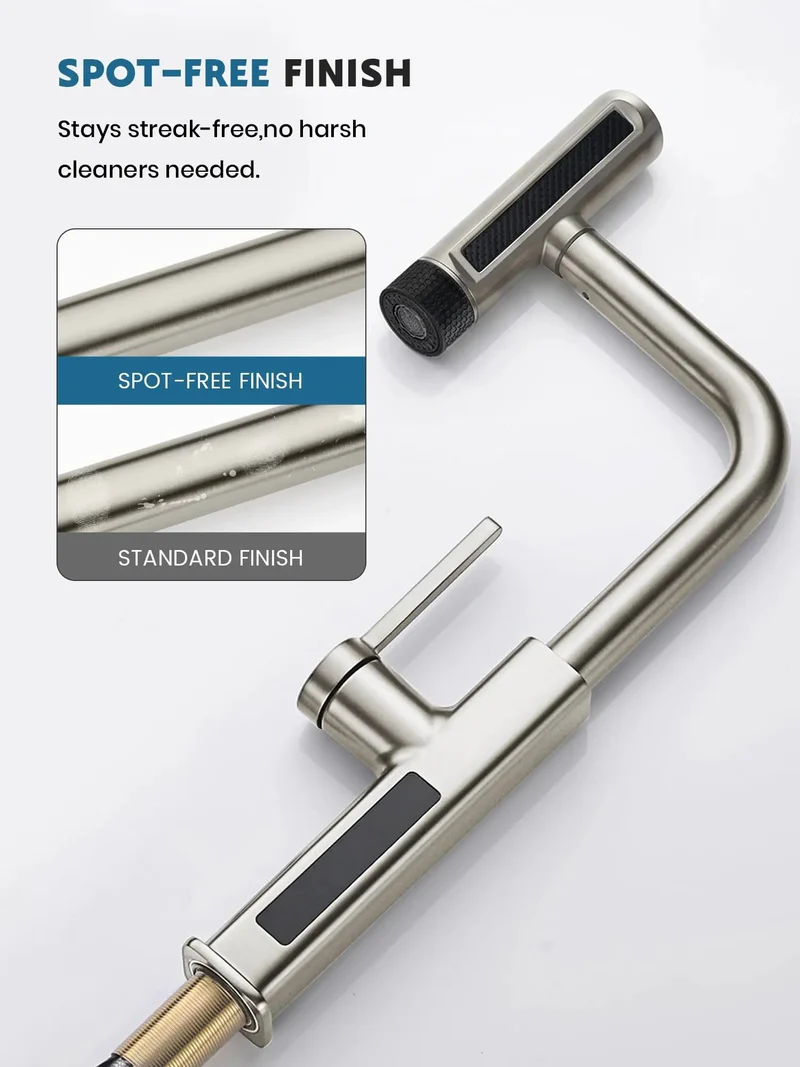 Zero Mess Touchless Kitchen Faucet Featuring Reliable Hand Wave Motion Sensor And Six Versatile Flow Modes Alongside Slick Pull Out Spray Head Plus Easy DIY Hookup And Battery Free Temp Indicator In Classic Brushed Nickel