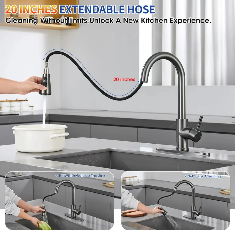 Level Up Your Sink Game With This Sleek Grey Kitchen Faucet Featuring A Smooth Pull Down Sprayer Made From Rock Solid Lead Free 304 Stainless Steel For Durability That Stands The Test Of Time Without Losing Its Grip