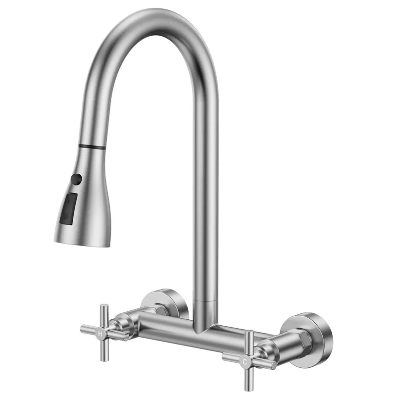 Heavy Duty Wall Mount Kitchen Faucet With Pull Down Sprayer In Brushed Nickel Dual Handle Setup Adjustable Eight Inch Spacing 360 Swivel Neck Zero Hassle Install Top Shelf Choice For Restaurants Or Laundry Rooms