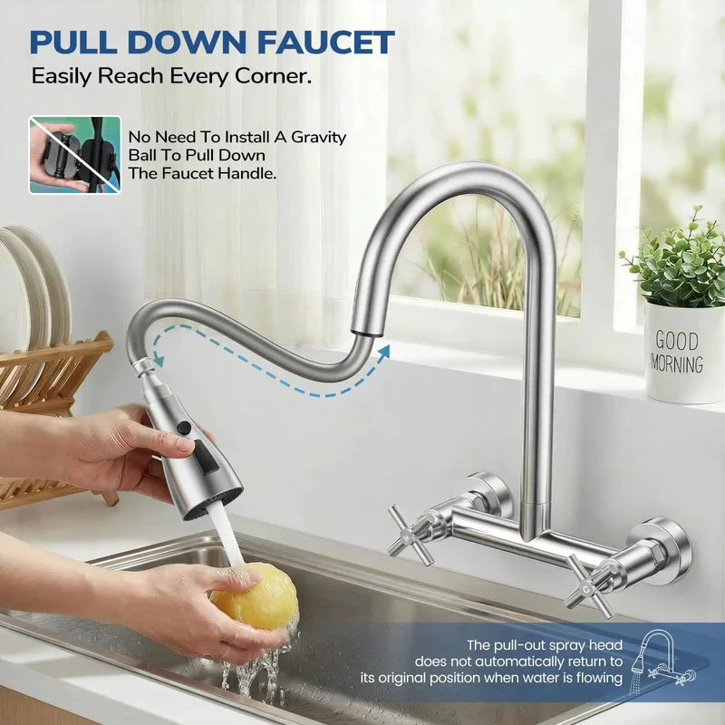 Heavy Duty Wall Mount Kitchen Faucet With Pull Down Sprayer In Brushed Nickel Dual Handle Setup Adjustable Eight Inch Spacing 360 Swivel Neck Zero Hassle Install Top Shelf Choice For Restaurants Or Laundry Rooms