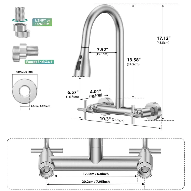 Heavy Duty Wall Mount Kitchen Faucet With Pull Down Sprayer In Brushed Nickel Dual Handle Setup Adjustable Eight Inch Spacing 360 Swivel Neck Zero Hassle Install Top Shelf Choice For Restaurants Or Laundry Rooms