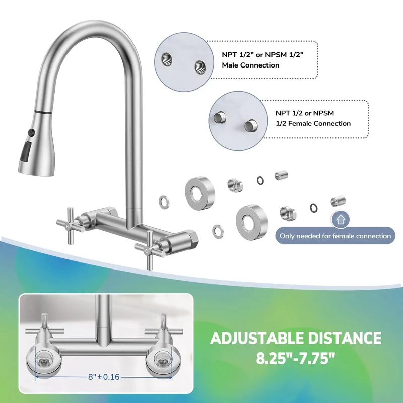 Heavy Duty Wall Mount Kitchen Faucet With Pull Down Sprayer In Brushed Nickel Dual Handle Setup Adjustable Eight Inch Spacing 360 Swivel Neck Zero Hassle Install Top Shelf Choice For Restaurants Or Laundry Rooms
