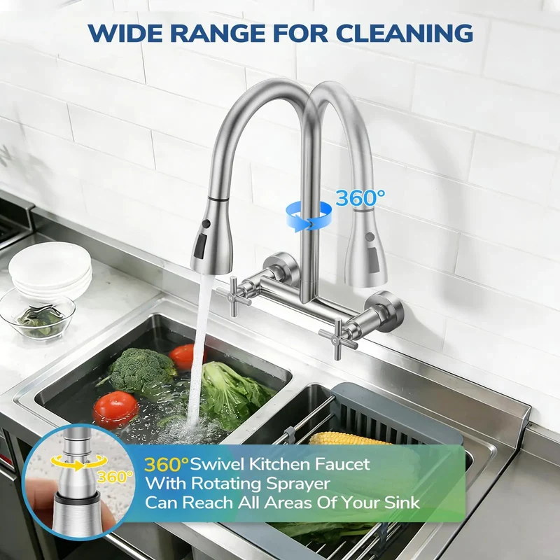 Heavy Duty Wall Mount Kitchen Faucet With Pull Down Sprayer In Brushed Nickel Dual Handle Setup Adjustable Eight Inch Spacing 360 Swivel Neck Zero Hassle Install Top Shelf Choice For Restaurants Or Laundry Rooms