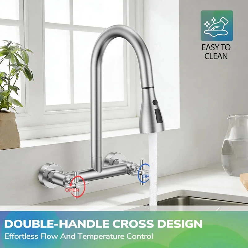 Heavy Duty Wall Mount Kitchen Faucet With Pull Down Sprayer In Brushed Nickel Dual Handle Setup Adjustable Eight Inch Spacing 360 Swivel Neck Zero Hassle Install Top Shelf Choice For Restaurants Or Laundry Rooms