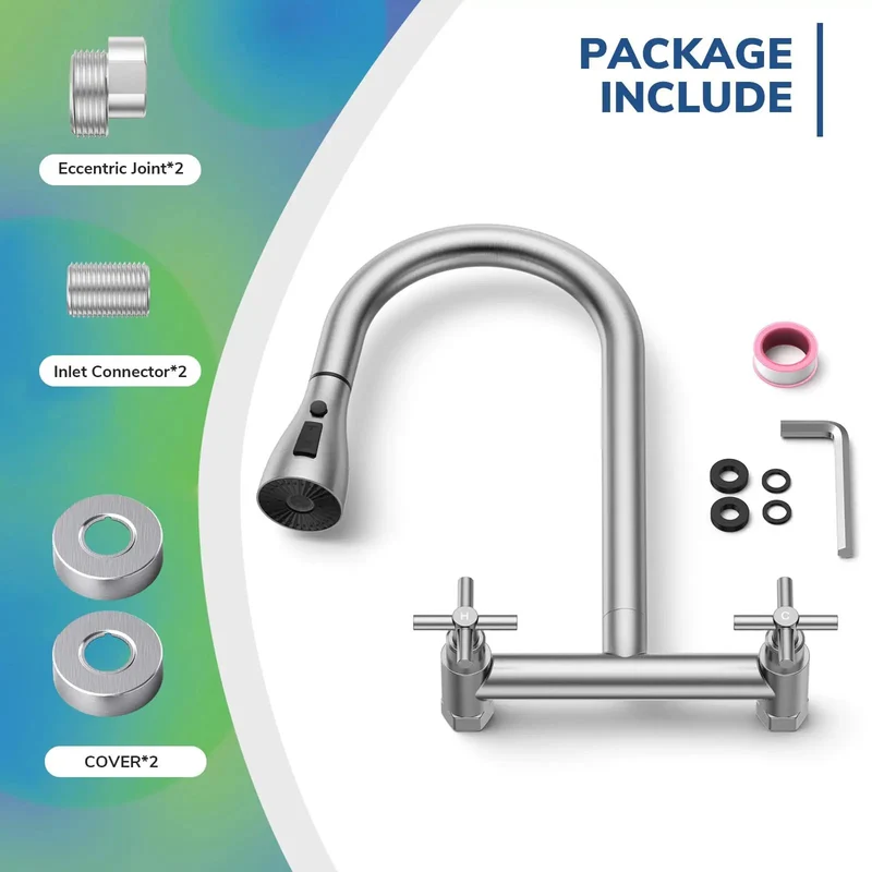 Heavy Duty Wall Mount Kitchen Faucet With Pull Down Sprayer In Brushed Nickel Dual Handle Setup Adjustable Eight Inch Spacing 360 Swivel Neck Zero Hassle Install Top Shelf Choice For Restaurants Or Laundry Rooms