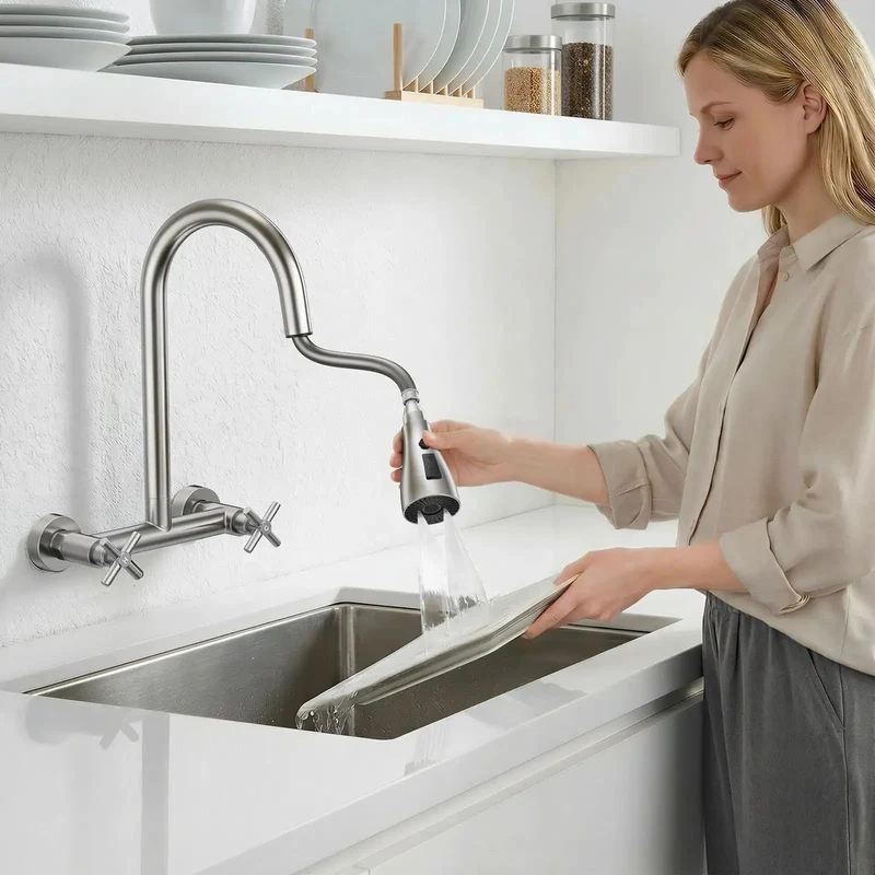 Heavy Duty Wall Mount Kitchen Faucet With Pull Down Sprayer In Brushed Nickel Dual Handle Setup Adjustable Eight Inch Spacing 360 Swivel Neck Zero Hassle Install Top Shelf Choice For Restaurants Or Laundry Rooms