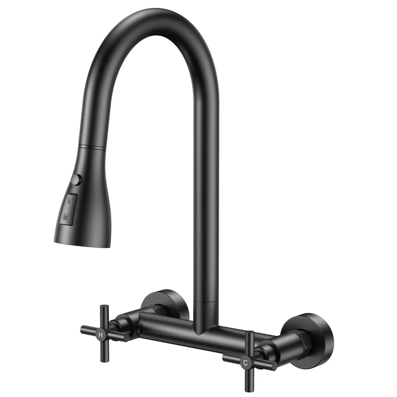 Top Tier Matte Black Wall Mount Kitchen Faucet Featuring Slick Pull Down Sprayer Dual Handles 360 Swivel Nozzle No Sweat Quick Install Built To Kick Butt In Any Kitchen