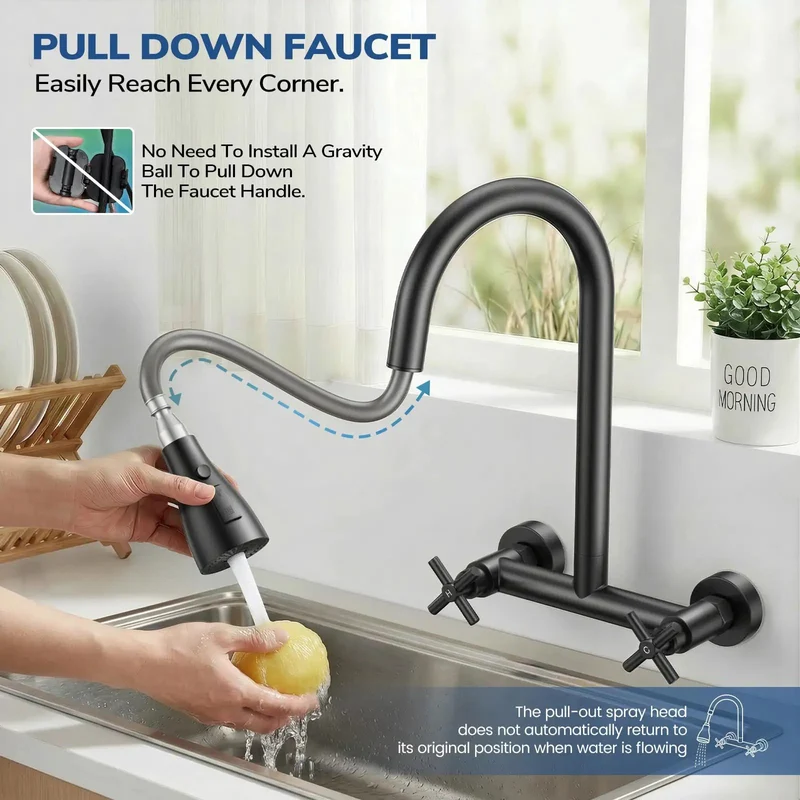 Top Tier Matte Black Wall Mount Kitchen Faucet Featuring Slick Pull Down Sprayer Dual Handles 360 Swivel Nozzle No Sweat Quick Install Built To Kick Butt In Any Kitchen