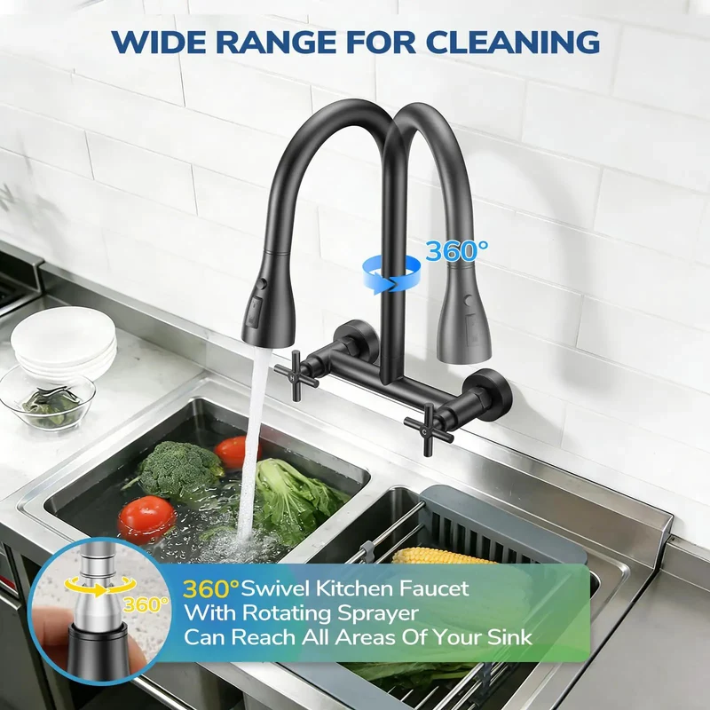 Top Tier Matte Black Wall Mount Kitchen Faucet Featuring Slick Pull Down Sprayer Dual Handles 360 Swivel Nozzle No Sweat Quick Install Built To Kick Butt In Any Kitchen
