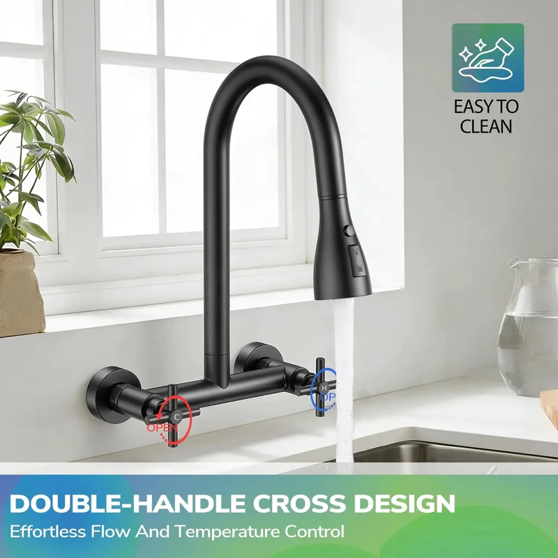Top Tier Matte Black Wall Mount Kitchen Faucet Featuring Slick Pull Down Sprayer Dual Handles 360 Swivel Nozzle No Sweat Quick Install Built To Kick Butt In Any Kitchen