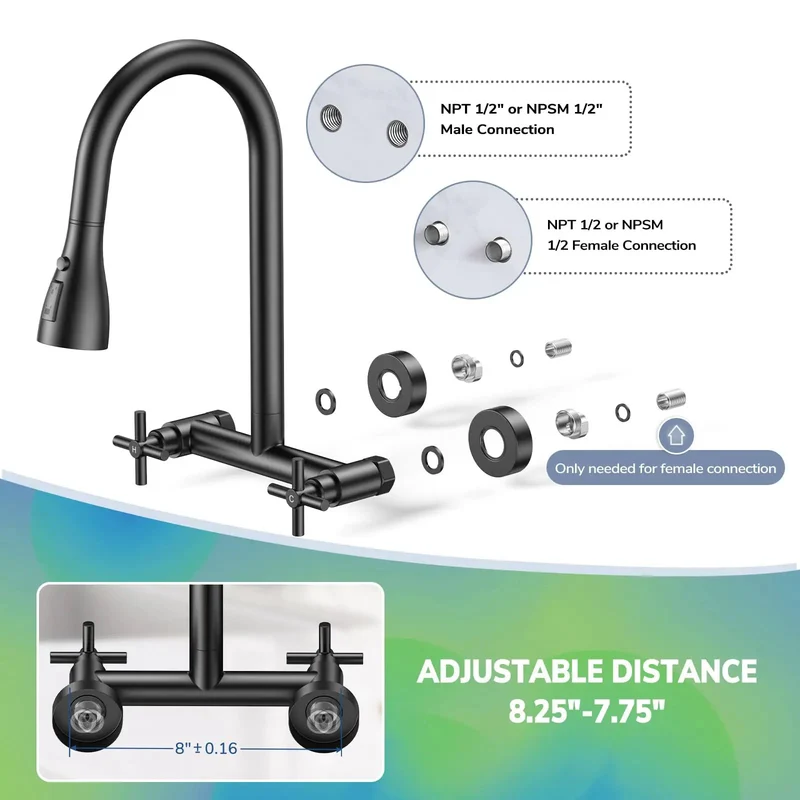 Top Tier Matte Black Wall Mount Kitchen Faucet Featuring Slick Pull Down Sprayer Dual Handles 360 Swivel Nozzle No Sweat Quick Install Built To Kick Butt In Any Kitchen