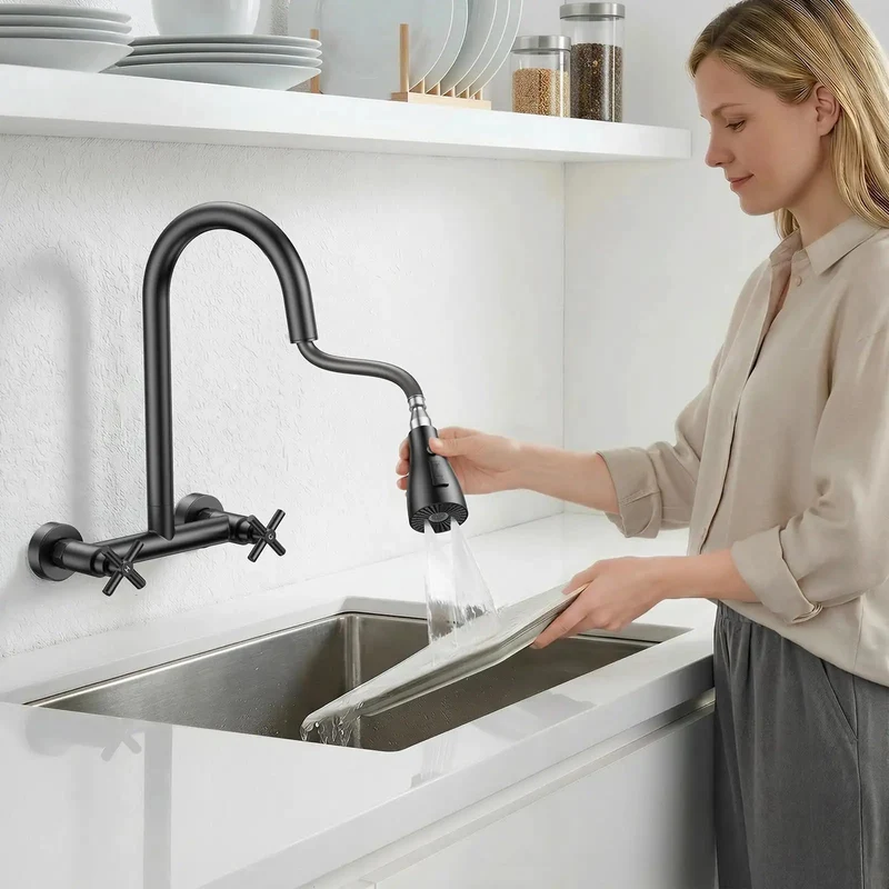 Top Tier Matte Black Wall Mount Kitchen Faucet Featuring Slick Pull Down Sprayer Dual Handles 360 Swivel Nozzle No Sweat Quick Install Built To Kick Butt In Any Kitchen