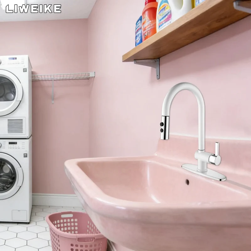 Slick White Utility Sink Faucet With Pull Down Sprayer Offering Smooth Swivel Reach And Kickass Dual Spray Modes A Hella Solid Setup Perfect For Laundry Rooms Or Garage Or Rv Installations Fits One Or Three Hole Bases Effortlessly