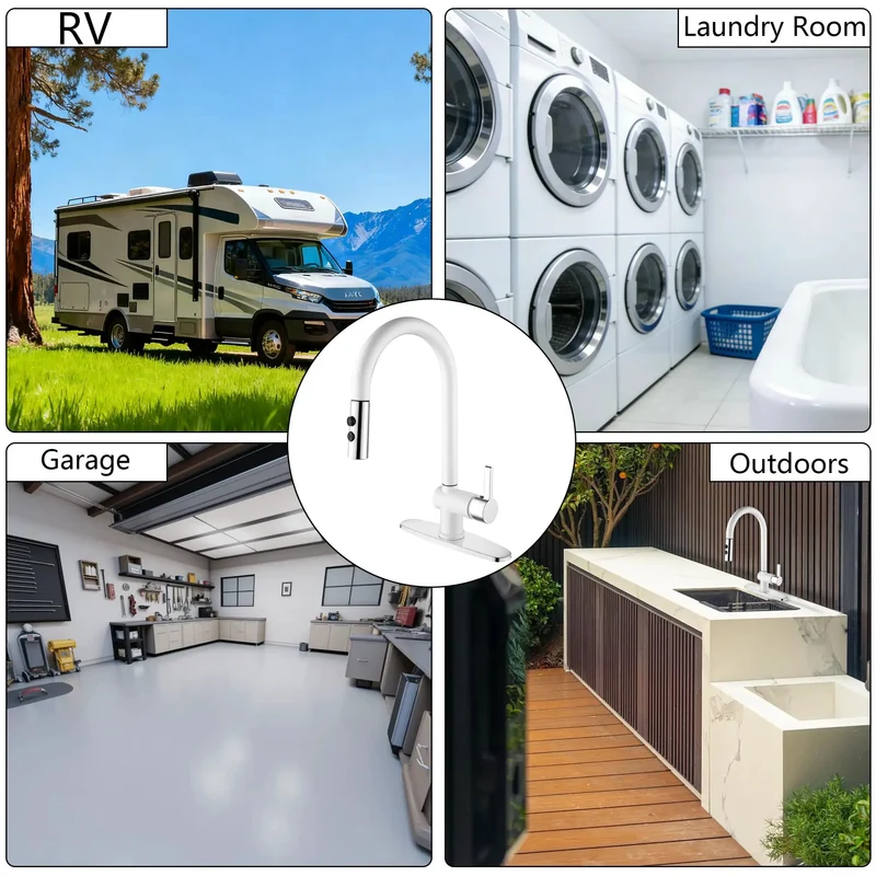 Slick White Utility Sink Faucet With Pull Down Sprayer Offering Smooth Swivel Reach And Kickass Dual Spray Modes A Hella Solid Setup Perfect For Laundry Rooms Or Garage Or Rv Installations Fits One Or Three Hole Bases Effortlessly
