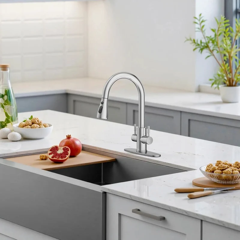 Brushed Nickel Kitchen Faucet Pull Down Sprayer Dual Handles High Arc Stainless Steel Gravity Ball Smooth Retract Heavy Duty Beefy Build Glides Easy Cleanup Boss Gear Perfect For Any Rv Laundry Or Bar Sink Setup