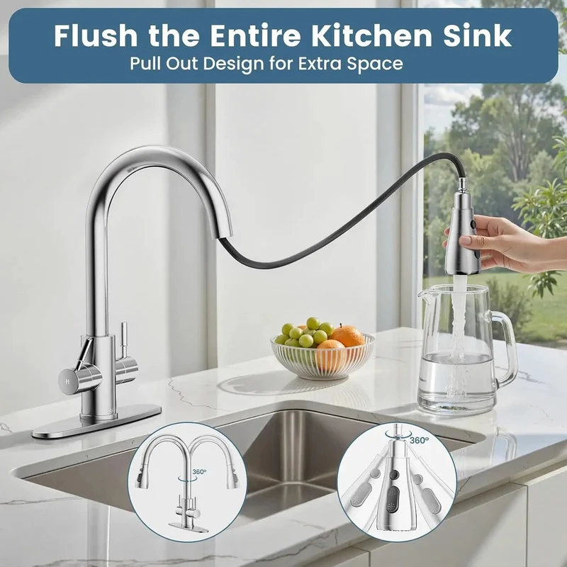Brushed Nickel Kitchen Faucet Pull Down Sprayer Dual Handles High Arc Stainless Steel Gravity Ball Smooth Retract Heavy Duty Beefy Build Glides Easy Cleanup Boss Gear Perfect For Any Rv Laundry Or Bar Sink Setup