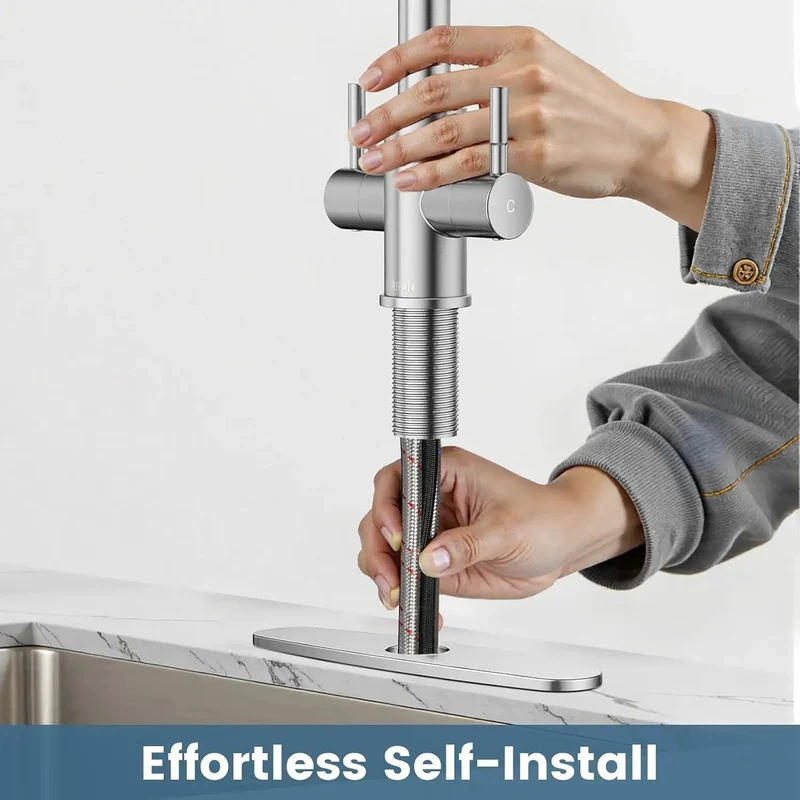 Brushed Nickel Kitchen Faucet Pull Down Sprayer Dual Handles High Arc Stainless Steel Gravity Ball Smooth Retract Heavy Duty Beefy Build Glides Easy Cleanup Boss Gear Perfect For Any Rv Laundry Or Bar Sink Setup