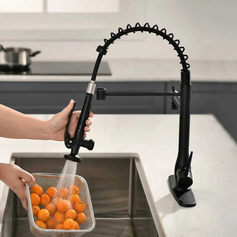 Heavy Duty Matte Black Commercial Kitchen Faucet With Pull Down Sprayer And True 360 Degree Swivel Built Like A Tank For Pro Environments Featuring Dual Spray And Stream Modes That Make Cleaning No Sweat