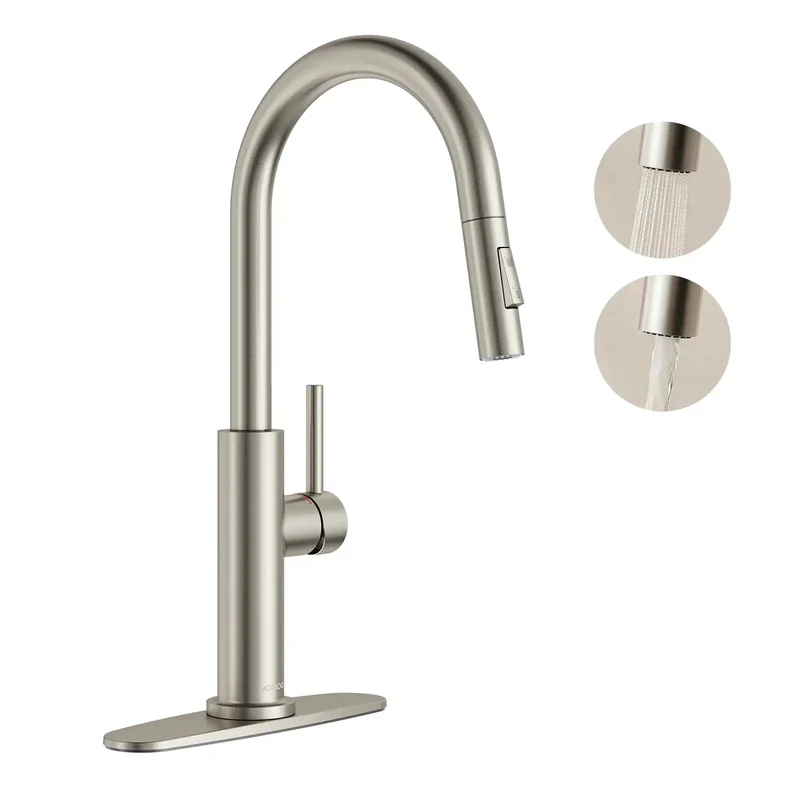 Slick Brushed Nickel Kitchen Faucet With Pull Down Sprayer And Dual Spray Modes That Deliver No Sweat Operation Versus Tough Stain Blast Power For Every Home Kitchen Remodel Today