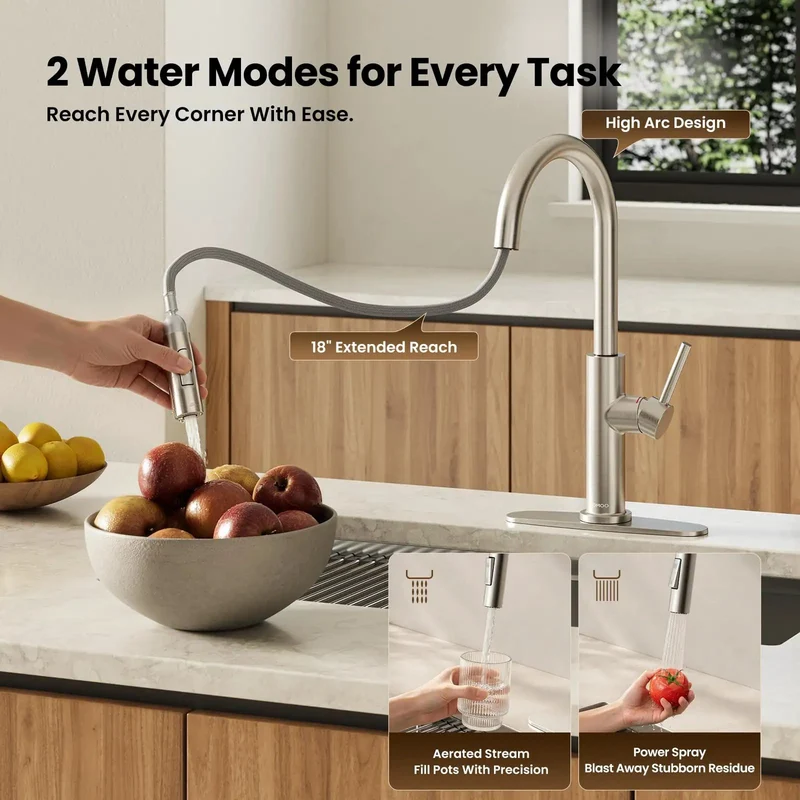 Slick Brushed Nickel Kitchen Faucet With Pull Down Sprayer And Dual Spray Modes That Deliver No Sweat Operation Versus Tough Stain Blast Power For Every Home Kitchen Remodel Today