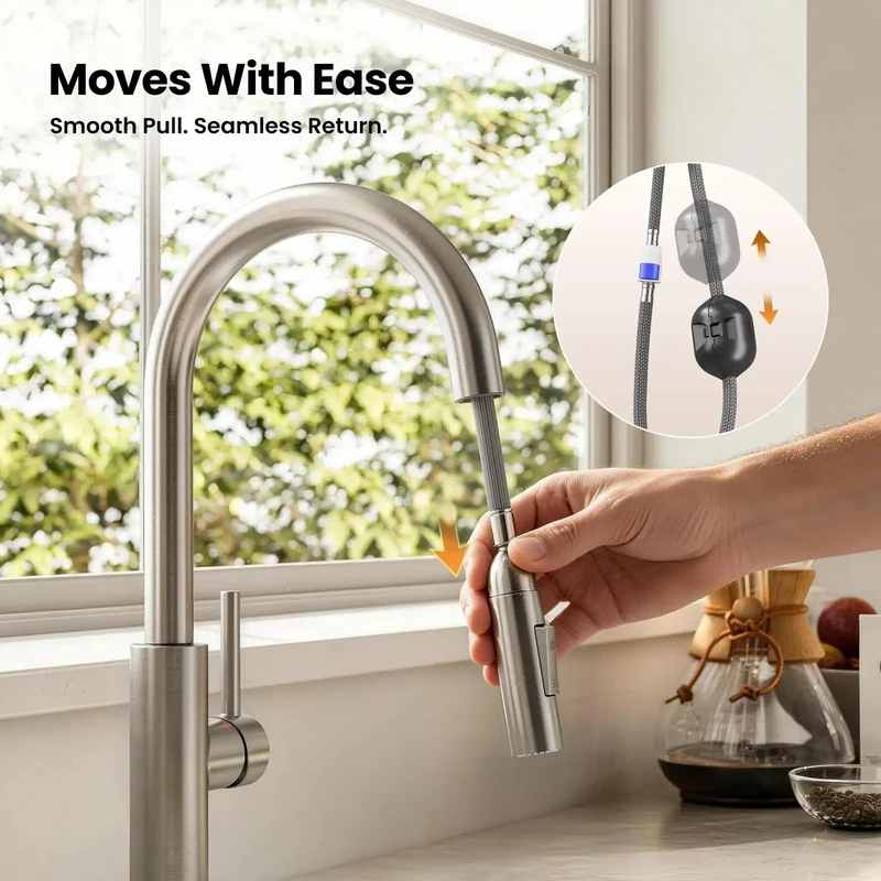 Slick Brushed Nickel Kitchen Faucet With Pull Down Sprayer And Dual Spray Modes That Deliver No Sweat Operation Versus Tough Stain Blast Power For Every Home Kitchen Remodel Today