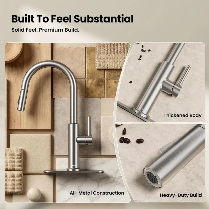 Slick Brushed Nickel Kitchen Faucet With Pull Down Sprayer And Dual Spray Modes That Deliver No Sweat Operation Versus Tough Stain Blast Power For Every Home Kitchen Remodel Today