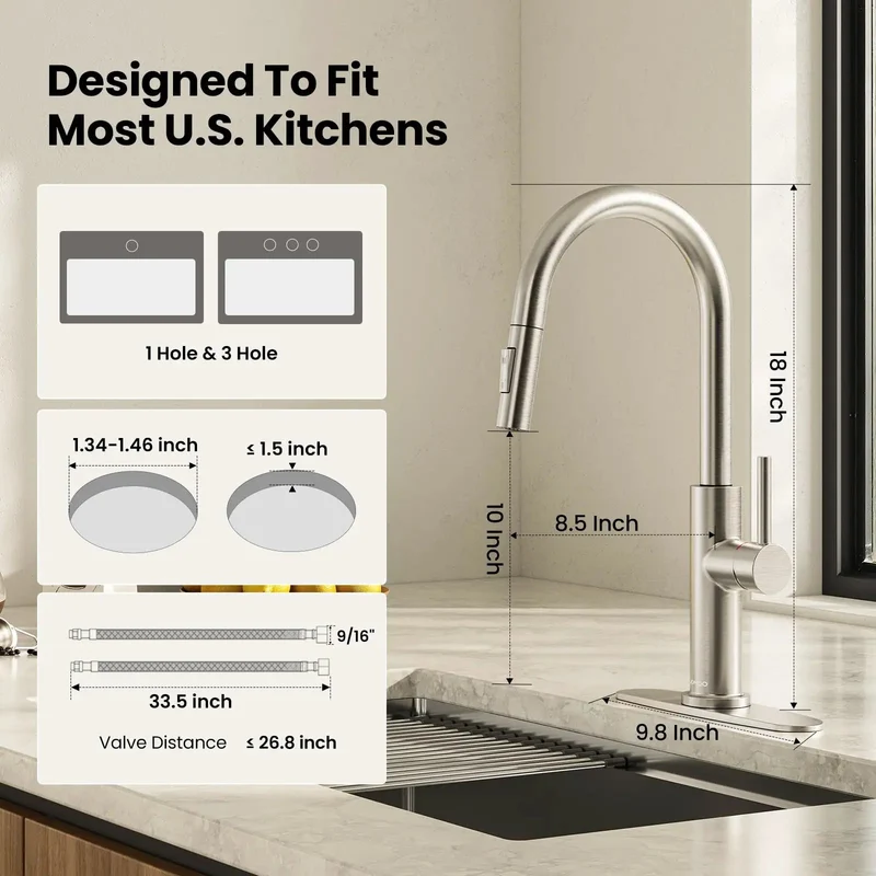 Slick Brushed Nickel Kitchen Faucet With Pull Down Sprayer And Dual Spray Modes That Deliver No Sweat Operation Versus Tough Stain Blast Power For Every Home Kitchen Remodel Today