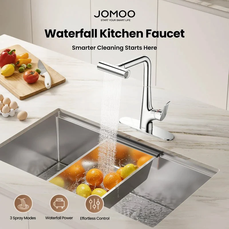 Built Tough Waterfall Kitchen Faucet With Dead Simple Pull Down Sprayer And Single Handle Chrome Finish For Zero Hassle Daily Sink Deep Cleaning Tasks