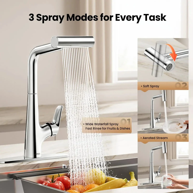 Built Tough Waterfall Kitchen Faucet With Dead Simple Pull Down Sprayer And Single Handle Chrome Finish For Zero Hassle Daily Sink Deep Cleaning Tasks
