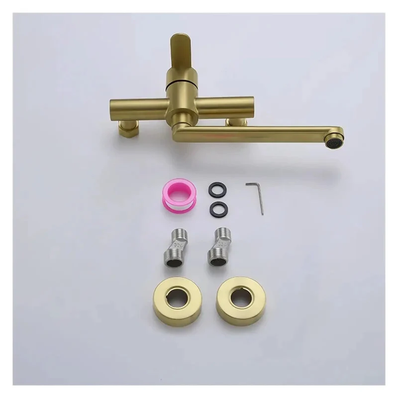 Top Shelf Wall Mounted Kitchen Faucet Featuring 180 Degree Swivel Spout And Separate Hot Cold Handles. Built Tough From Brushed Nickel For Effortless Cleaning And A Crisp Contemporary Vibe Over Any Sink.