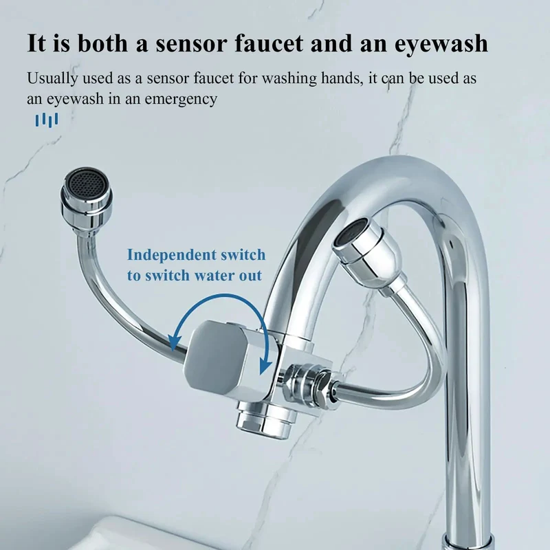 Hassle Free Touchless Induction Faucet With Integrated Eyewash And Rock Solid 360 Degree Rotating Spout For A Killer Hygiene Setup In Medical Labs And Hospital Washrooms Plus Industrial Warehouses