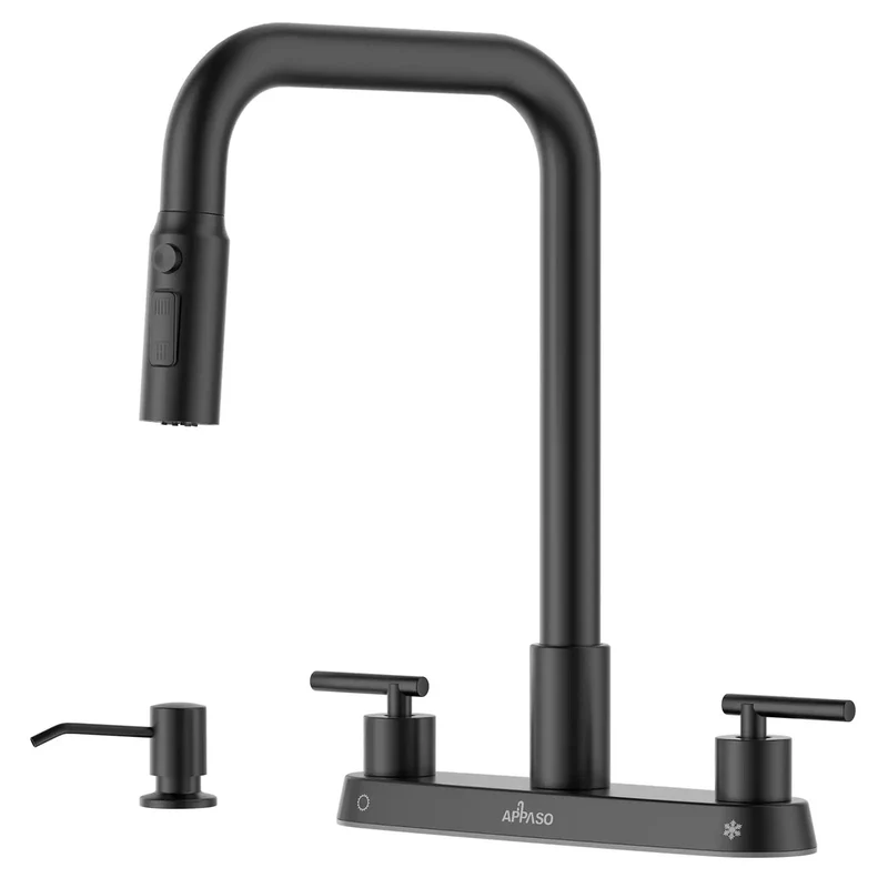 Heavy Duty Matte Black Kitchen Faucet With Dual Handle And Pull Down Sprayer Featuring 3 Function Spray Modes Stream Sweep And Mist Plus Integrated Soap Dispenser For 4 Post Deck Mount Upgrade Your Sink Game For Easy Install And Premium Finish