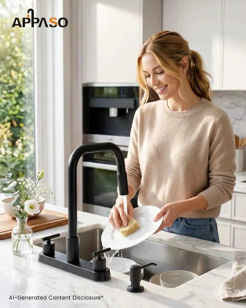 Heavy Duty Matte Black Kitchen Faucet With Dual Handle And Pull Down Sprayer Featuring 3 Function Spray Modes Stream Sweep And Mist Plus Integrated Soap Dispenser For 4 Post Deck Mount Upgrade Your Sink Game For Easy Install And Premium Finish