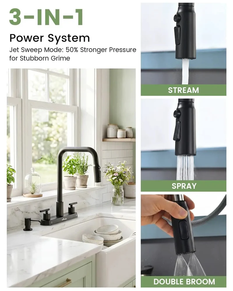 Heavy Duty Matte Black Kitchen Faucet With Dual Handle And Pull Down Sprayer Featuring 3 Function Spray Modes Stream Sweep And Mist Plus Integrated Soap Dispenser For 4 Post Deck Mount Upgrade Your Sink Game For Easy Install And Premium Finish