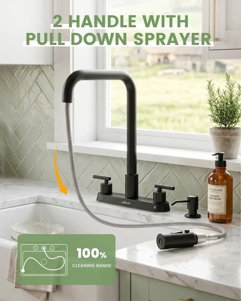 Heavy Duty Matte Black Kitchen Faucet With Dual Handle And Pull Down Sprayer Featuring 3 Function Spray Modes Stream Sweep And Mist Plus Integrated Soap Dispenser For 4 Post Deck Mount Upgrade Your Sink Game For Easy Install And Premium Finish