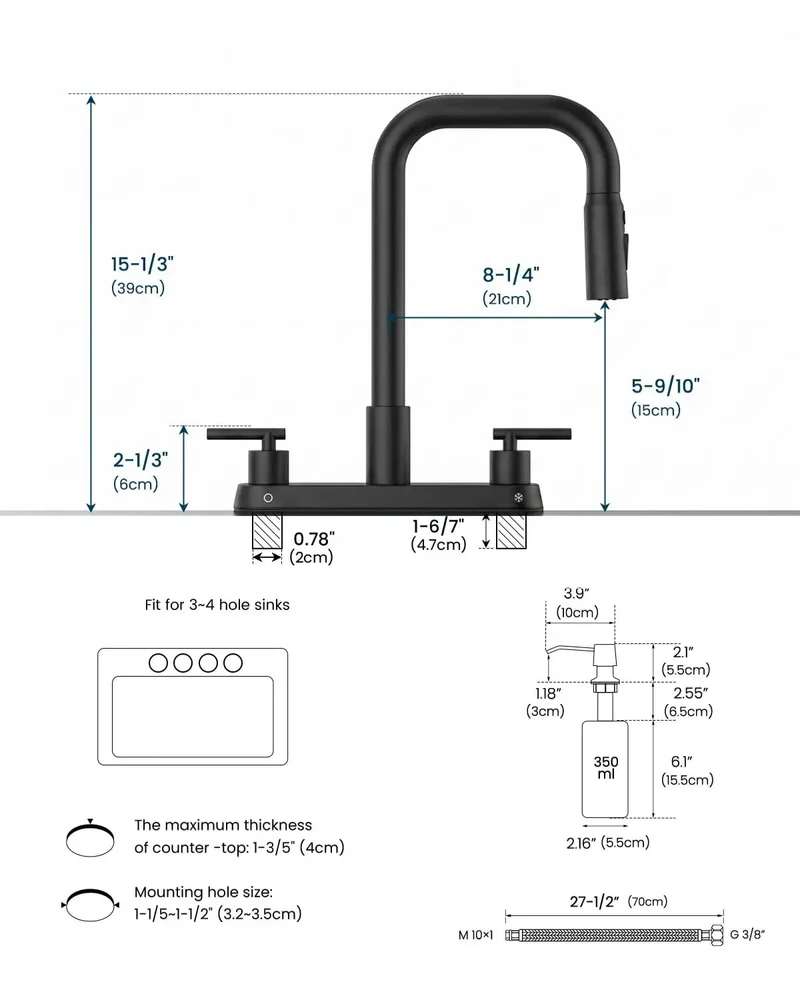 Heavy Duty Matte Black Kitchen Faucet With Dual Handle And Pull Down Sprayer Featuring 3 Function Spray Modes Stream Sweep And Mist Plus Integrated Soap Dispenser For 4 Post Deck Mount Upgrade Your Sink Game For Easy Install And Premium Finish
