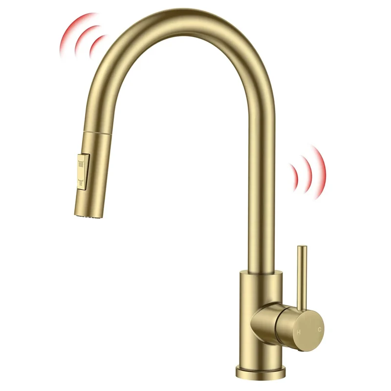 Modern Gold Touch Kitchen Faucet With Pull Down Sprayer Single Hole Sink Mount Featuring Slick Tap Sensor And Auto Shutoff For Smooth Hassle Free Upgrade