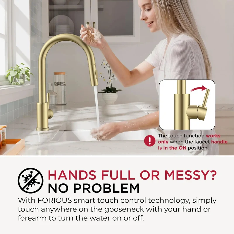 Modern Gold Touch Kitchen Faucet With Pull Down Sprayer Single Hole Sink Mount Featuring Slick Tap Sensor And Auto Shutoff For Smooth Hassle Free Upgrade