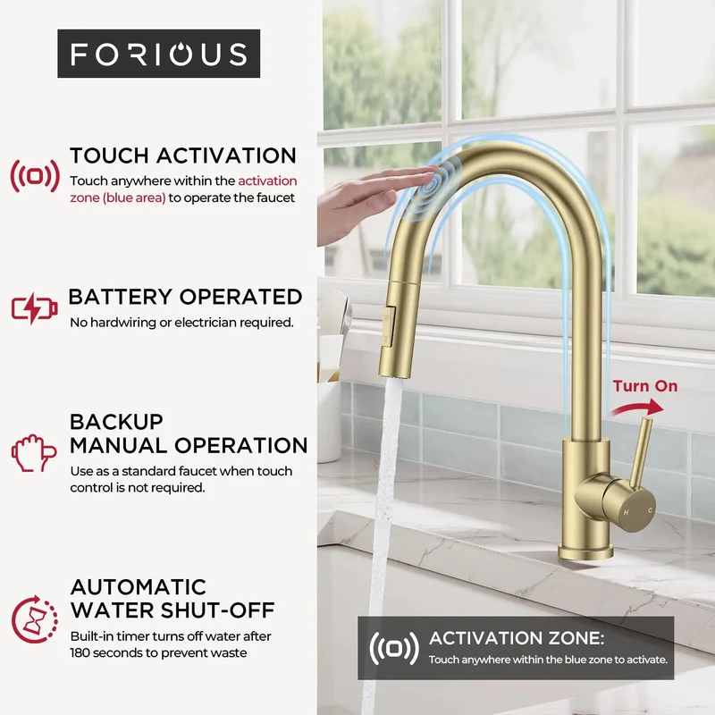 Modern Gold Touch Kitchen Faucet With Pull Down Sprayer Single Hole Sink Mount Featuring Slick Tap Sensor And Auto Shutoff For Smooth Hassle Free Upgrade