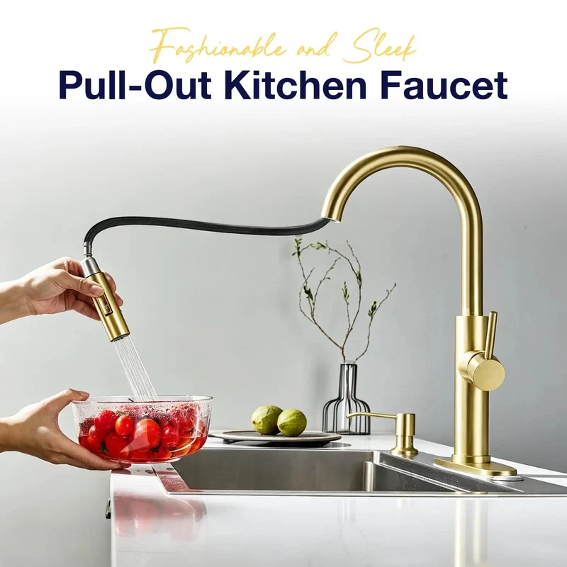 Top Shelf Gold Stainless Steel Kitchen Faucet Featuring Slick 18 Inch Pull Down Sprayer And Heavy Duty Single Handle Design With Zero Drip Performance And Smooth Swivel Action