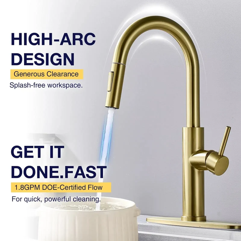 Top Shelf Gold Stainless Steel Kitchen Faucet Featuring Slick 18 Inch Pull Down Sprayer And Heavy Duty Single Handle Design With Zero Drip Performance And Smooth Swivel Action