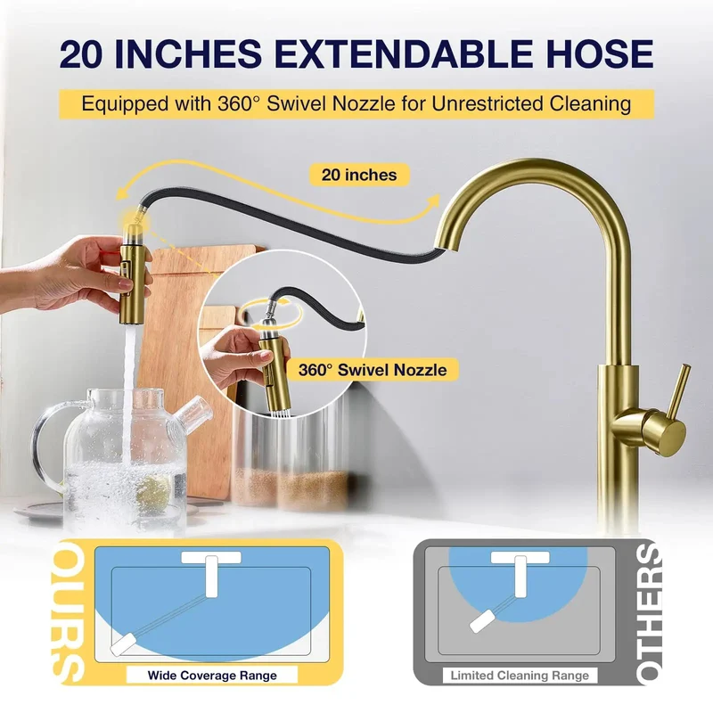 Top Shelf Gold Stainless Steel Kitchen Faucet Featuring Slick 18 Inch Pull Down Sprayer And Heavy Duty Single Handle Design With Zero Drip Performance And Smooth Swivel Action