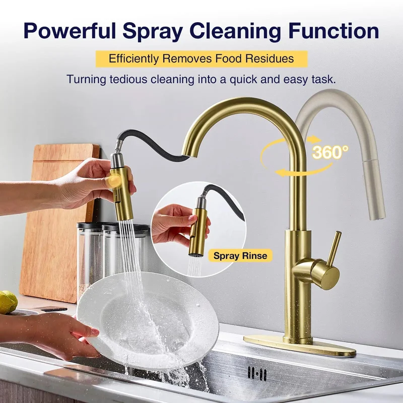 Top Shelf Gold Stainless Steel Kitchen Faucet Featuring Slick 18 Inch Pull Down Sprayer And Heavy Duty Single Handle Design With Zero Drip Performance And Smooth Swivel Action