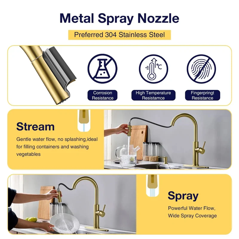 Top Shelf Gold Stainless Steel Kitchen Faucet Featuring Slick 18 Inch Pull Down Sprayer And Heavy Duty Single Handle Design With Zero Drip Performance And Smooth Swivel Action