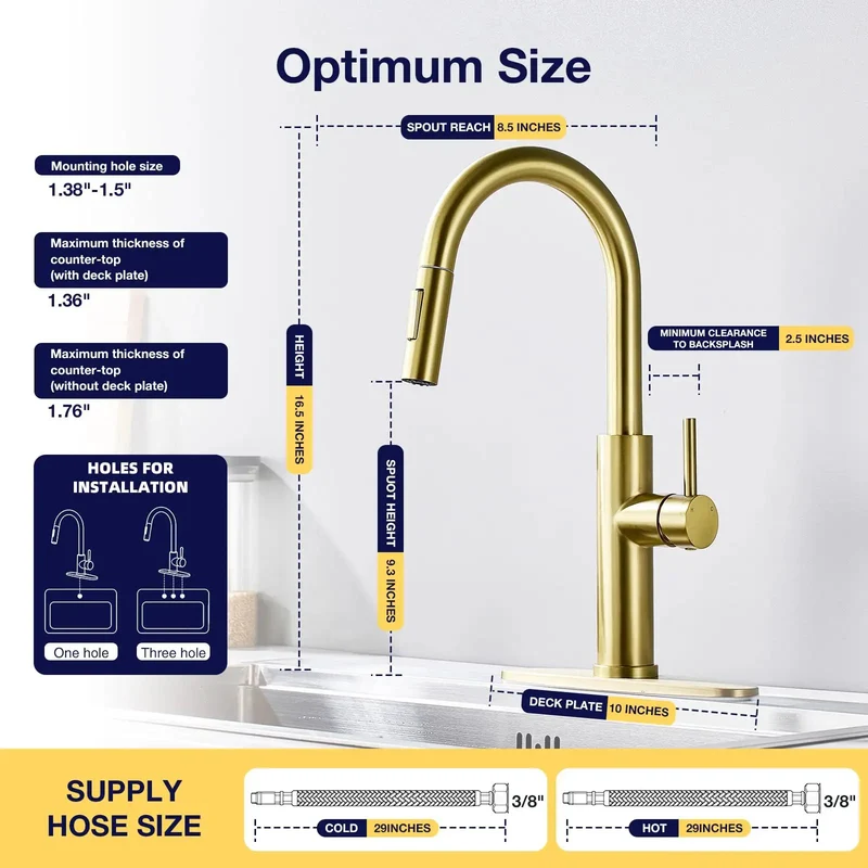 Top Shelf Gold Stainless Steel Kitchen Faucet Featuring Slick 18 Inch Pull Down Sprayer And Heavy Duty Single Handle Design With Zero Drip Performance And Smooth Swivel Action