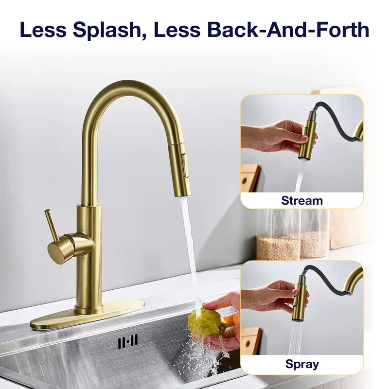 Top Shelf Gold Stainless Steel Kitchen Faucet Featuring Slick 18 Inch Pull Down Sprayer And Heavy Duty Single Handle Design With Zero Drip Performance And Smooth Swivel Action