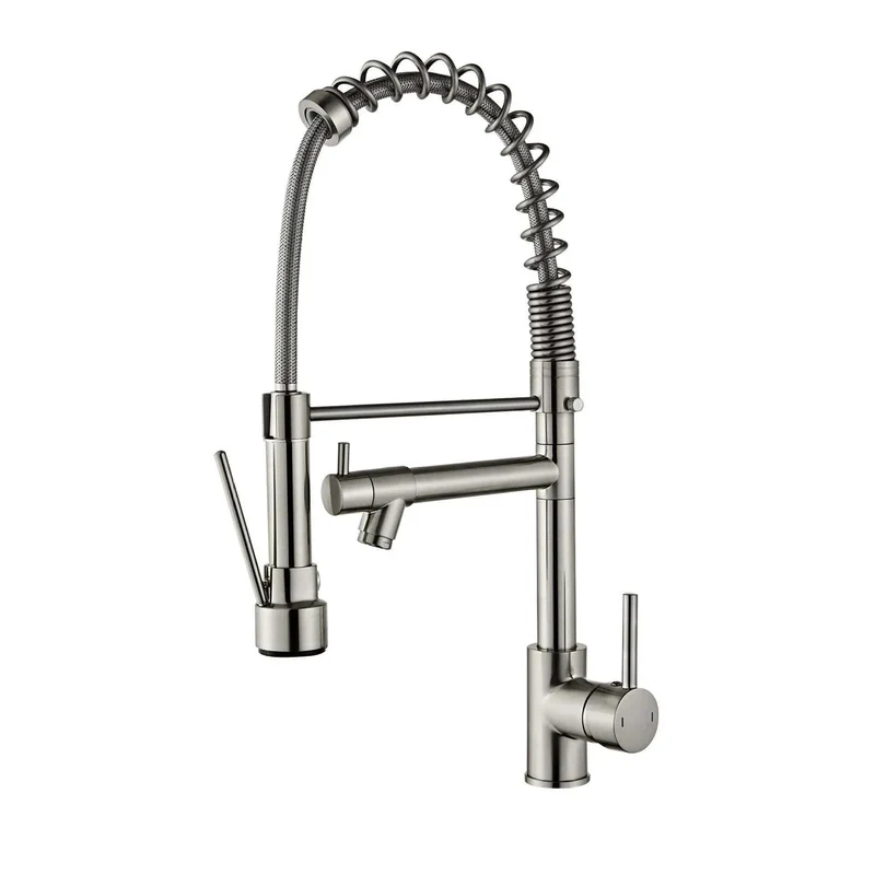 Heavy Hitter Commercial Spring Kitchen Faucet With Pull Down Sprayer And Single Handle High Arc Spout Two Function Spray Head Built From Rust Resistant Stainless Steel In Sleek Brushed Nickel For No Fuss Single Hole Hookup