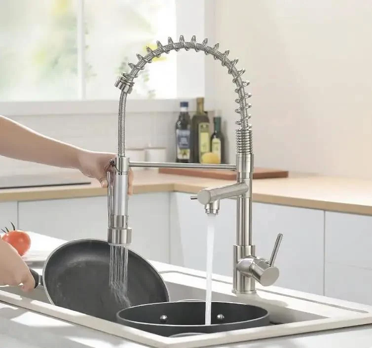 Heavy Hitter Commercial Spring Kitchen Faucet With Pull Down Sprayer And Single Handle High Arc Spout Two Function Spray Head Built From Rust Resistant Stainless Steel In Sleek Brushed Nickel For No Fuss Single Hole Hookup