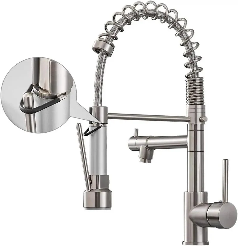 Heavy Hitter Commercial Spring Kitchen Faucet With Pull Down Sprayer And Single Handle High Arc Spout Two Function Spray Head Built From Rust Resistant Stainless Steel In Sleek Brushed Nickel For No Fuss Single Hole Hookup